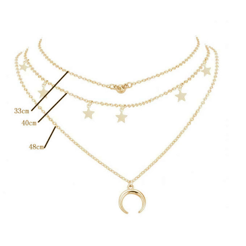 3 kædet smuk guldfarvet halskæde med sten, måne og stjerner - Billede 4