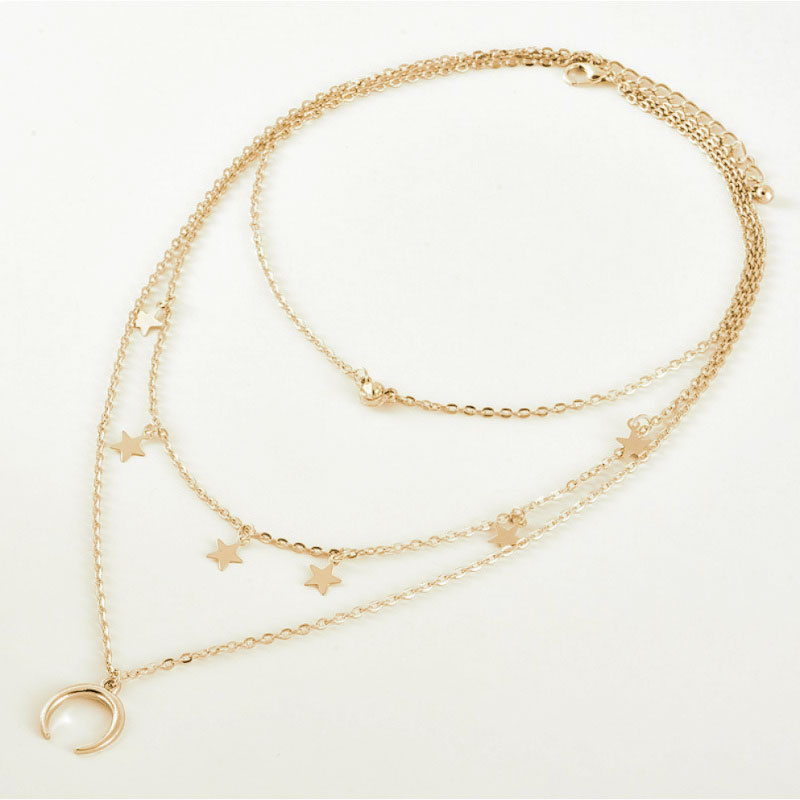 3 kædet smuk guldfarvet halskæde med sten, måne og stjerner - Billede 3